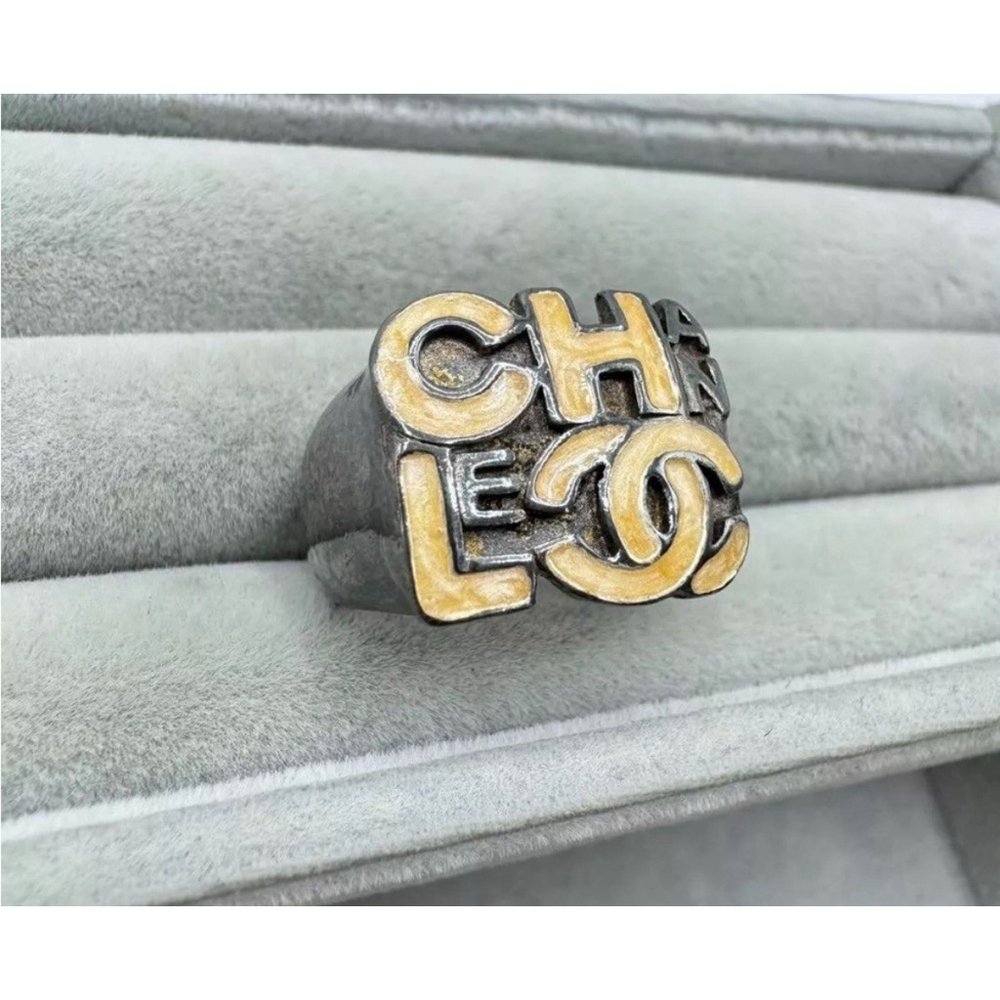 CHANEL Vintage 20th Century Silver Ring Size 6.5 with Enamel Logo Design & COA - Picture 2 of 11